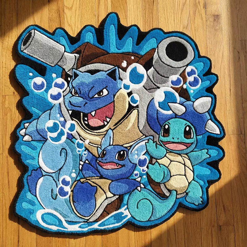 Cute Squirtle Family Pokémon Rug: Blue-Brown Blastoise Evolution Print – Durable Mat Perfect for Anime Fans Game Corners