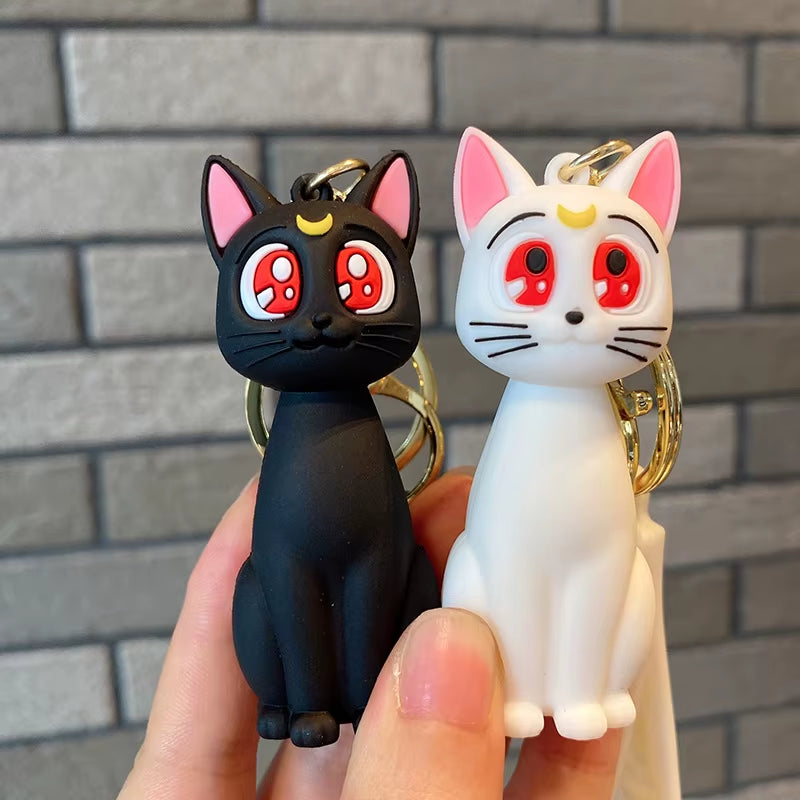 Moon Keychian for Women Anime Cute Artemis Luna Cat Figure Keyring Pendent Car Key Chain Accessories for Kids Toy Birthday Gifts