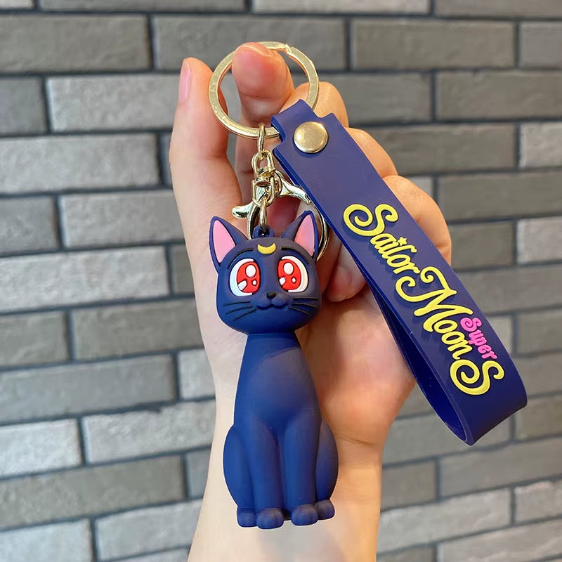Moon Keychian for Women Anime Cute Artemis Luna Cat Figure Keyring Pendent Car Key Chain Accessories for Kids Toy Birthday Gifts