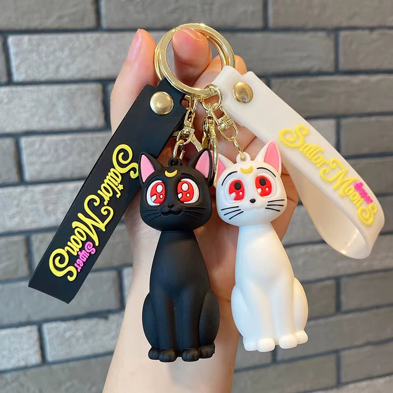 Moon Keychian for Women Anime Cute Artemis Luna Cat Figure Keyring Pendent Car Key Chain Accessories for Kids Toy Birthday Gifts