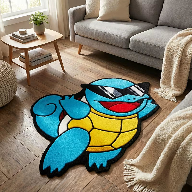 Sunglass-Wearing Squirtle Rug: Fun Blue-Yellow Pokémon Plush Mat – Perfect Playful Decor for Kids’ Bedrooms & Playrooms