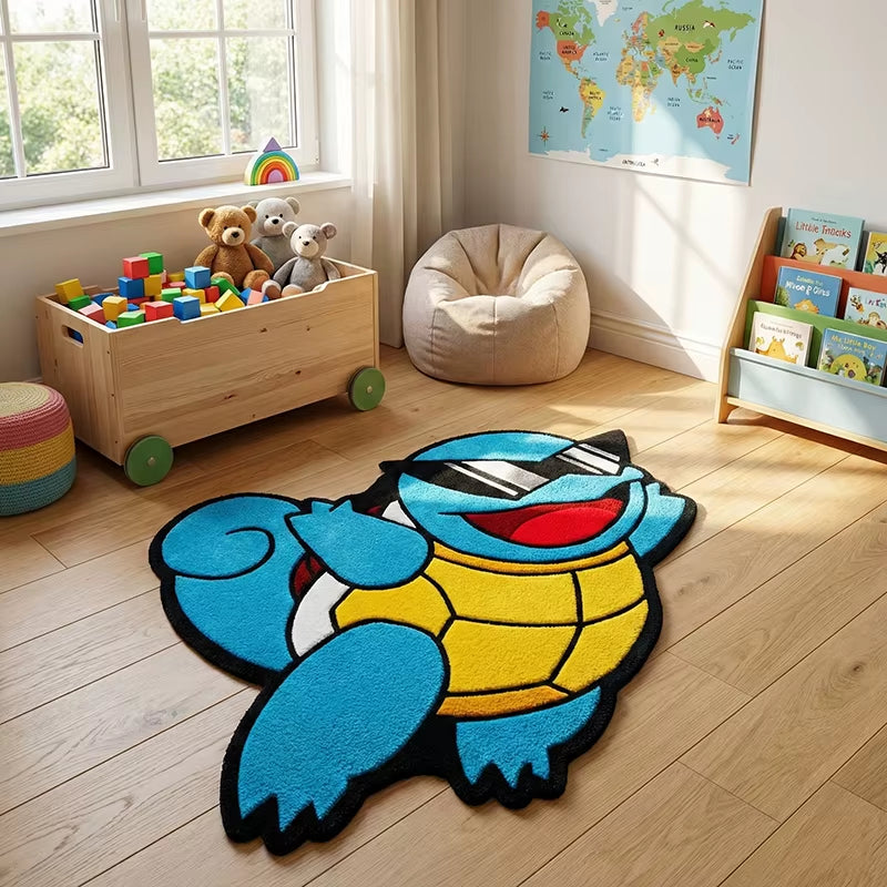 Sunglass-Wearing Squirtle Rug: Fun Blue-Yellow Pokémon Plush Mat – Perfect Playful Decor for Kids’ Bedrooms & Playrooms